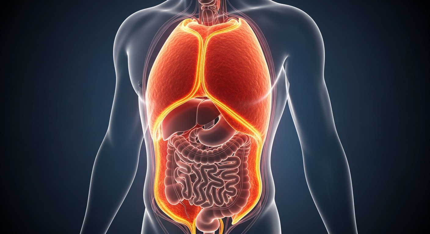 Human anatomy cross-section showing visceral fat surrounding abdominal organs in orange, illustrating hidden belly fat risks