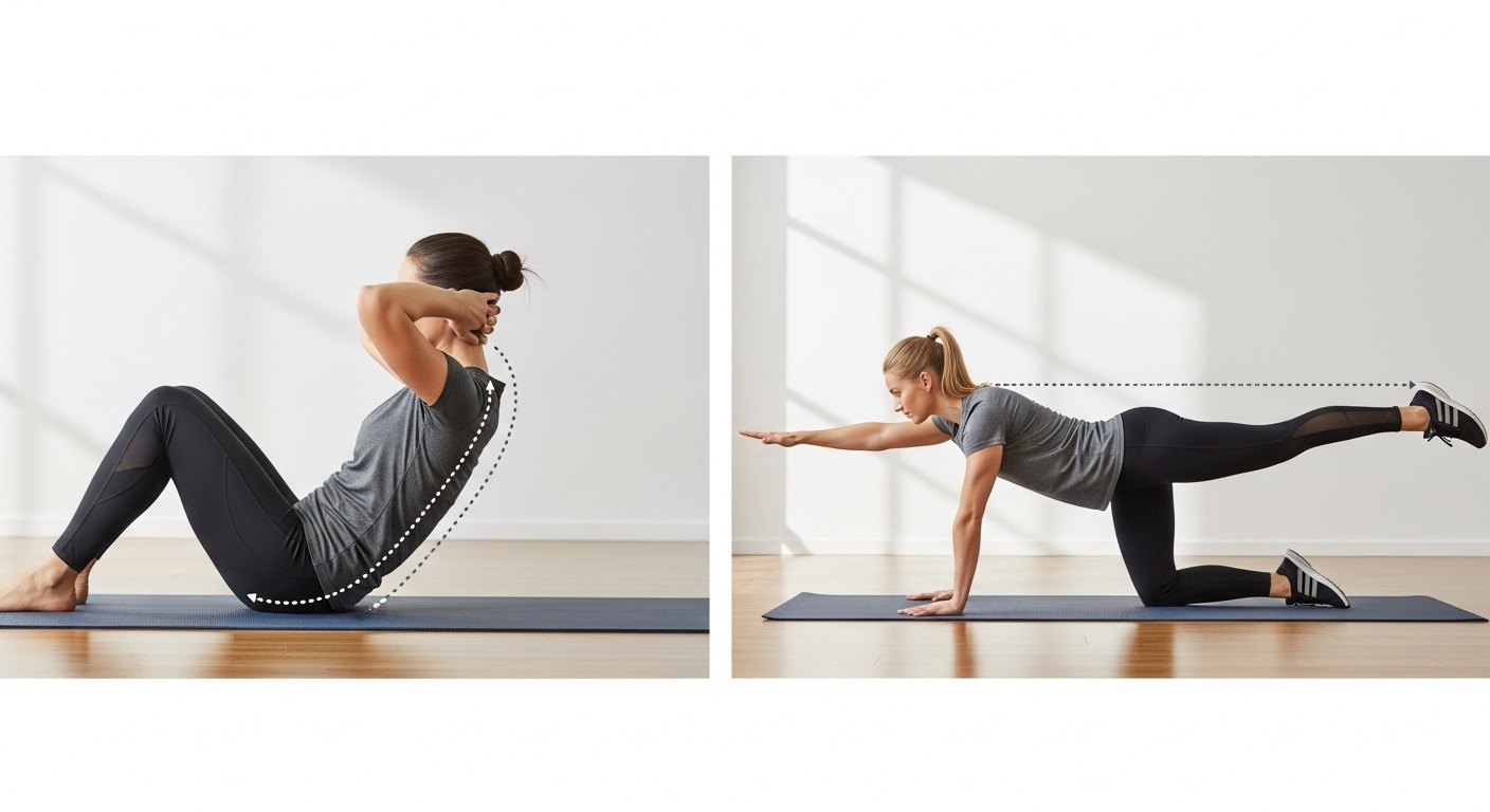 Side-view anatomy diagram comparing spinal compression during a sit-up versus a neutral-spine bird-dog exercise