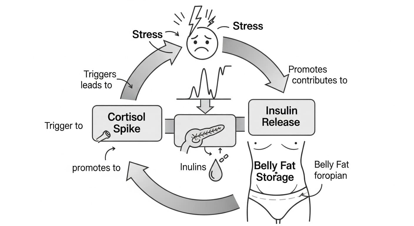 Diagram showing how chronic stress triggers cortisol release that leads to belly fat accumulation in the abdominal area