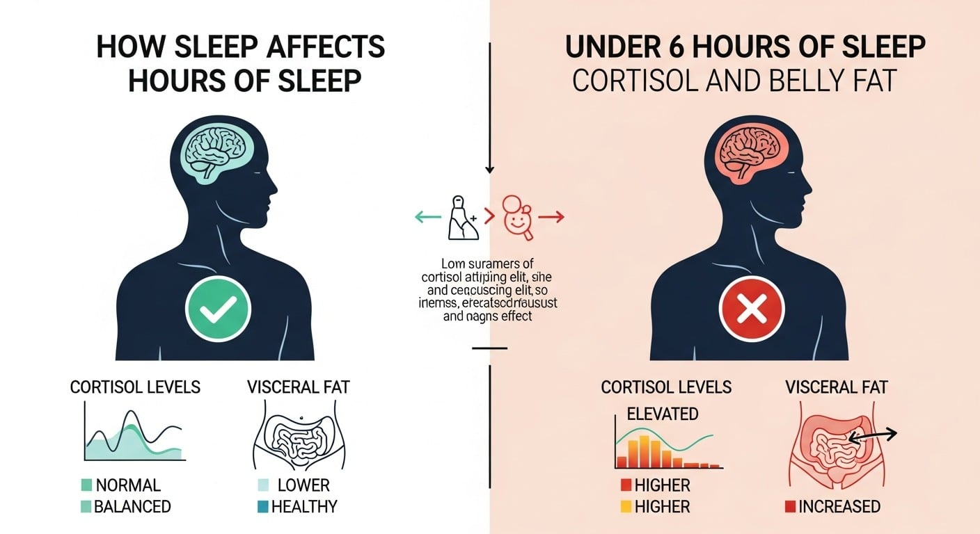 Comparison chart showing belly fat increase with sleep deprivation vs. healthy 7-9 hours of sleep per night