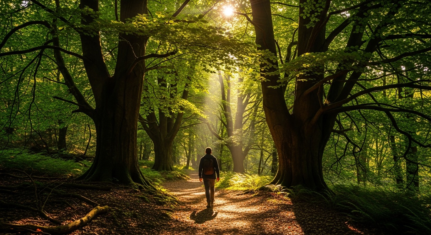 Person walking through green forest path as part of a low stress belly fat reduction habit routine